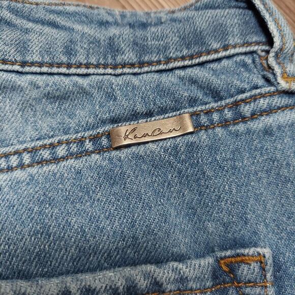 KanCan Junior's Medium Wash Button Fly Distressed Raw Hem Blue Denim Jean Shorts - Picture 3 of 6